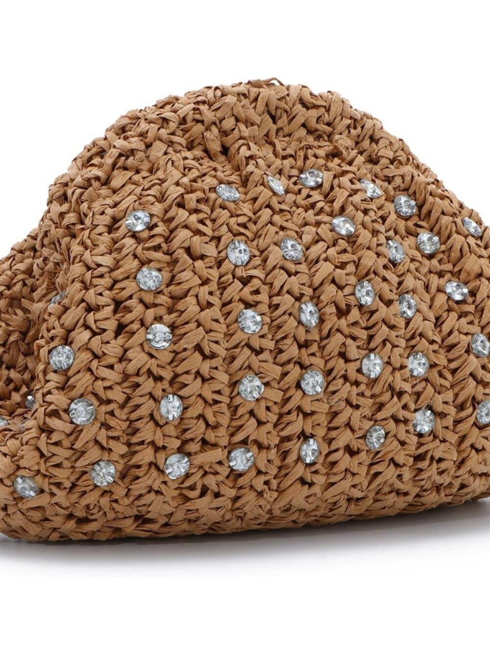 Straw Clutch Purse with Rhinestone Dumpling Handbag Summer Woven Vacation Beach